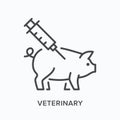 Veterinary flat line icon. Vector outline illustration of pig and syringe. Black thin linear pictogram for animal