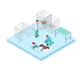 Veterinary hospital concept. Vets treat dog. Isometric pets in clinic. Veterinary hospital interior vector illustration