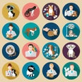 Veterinary icon flat set. Vet clinic, pets and doctor isolated on background. Royalty Free Stock Photo