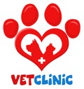 Veterinary Love Paw With Dog Cat Silhouette And Cross Print Logo Flat Design. Royalty Free Stock Photo