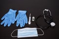 Veterinary or medical equipment. protective gloves and mask, stethoscope, injection and vaccine. Medical concept