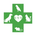 Veterinarian icon with green heart, pets and cross on white background