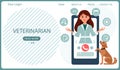 Veterinary online. Female veterinarian on the phone and cute dogs. Animal health banner or landing page template, flat style