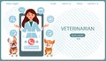 Veterinary online. Female veterinarian on the phone and cute dogs. Animal health banner or landing page template, flat style