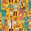 Veterinary people and pets seamless pattern