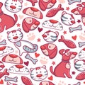 Veterinary seamless pattern vector pet animal puppy kitty character on vetclinic vetshop backdrop illustration cat dog