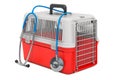 Veterinary Services concept. Pet travel plastic cage with stethoscope. 3D rendering