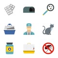 Veterinary things icons set, flat style