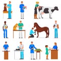 Veterinary vector veterinarian doctor man or woman treating pet patients cat or dog illustration set of vet people with