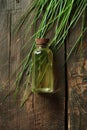 vetiver essential oil in a bottle. selective focus.