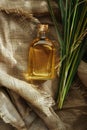 vetiver essential oil on a burlap background top view