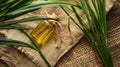 vetiver essential oil on a burlap background top view