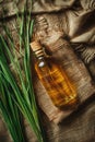 vetiver essential oil on a burlap background top view