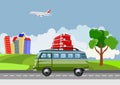 Vetor minibus driving on road, countryside, rural background, vector concept illustration