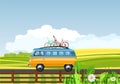 Vetor minibus driving on road, countryside, rural background, vector concept illustration