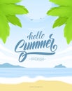 Vetrical tropical poster with Paradise landscape, ocean beach and hand lettering of Hello Summer Vacation. Royalty Free Stock Photo