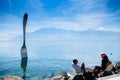 Vevey, Switzerland - Lake Geneva shore with The Fork of Vevey modern installation art with Swiss alps view