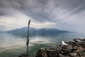 Giant steel fork in water of Geneva lake, Vevey, Switzerland Royalty Free Stock Photo