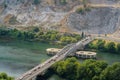 Vew of big bridge over the Buna River flowing into the Skadar lake near the city of Shkodra, Albania, seen from the Rosafa