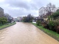 Vew of the course of the swollen Veternica river in the towwn of Leskovac -- Serbia. Royalty Free Stock Photo