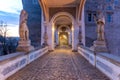 Vew of the covered bridge in Cesky Krumlov castle in the sunrise Royalty Free Stock Photo