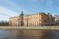 Vew of the Mikhailovsky castle on the embankment of the Fontanka river, the sunny may day. Saint Petersburg, Russia