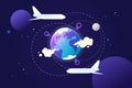 Airplanes fly to their destinations. Planet earth in space. Vector modern illustration. Travelling around the world.