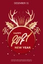 Happy New Year 2021. Deer antlers, branches and fireworks. Vertical template for invitation, cover, poster, banner, flyer Royalty Free Stock Photo