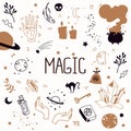 Magic set of witch attributes. Tarot cards, potions and poisons, planets, astrology symbols, witch`s cauldron.