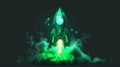 VFX for green rocket spaceship fire light smoke trail. Engine flame png modern effect for games. Launch shuttle speed