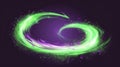 VFX light trail in neon green isolated on dark background. Modern cartoon UI kit of a magician witch playing with magic