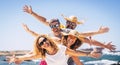 Group of happy adult friends enjoy and celebrate together the summer holiday vacation travel leisure acitivity - men and women Royalty Free Stock Photo