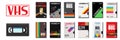 Vector collection set of vector cassette tapes old 80`s style graphics. Blockbuster videos. Royalty Free Stock Photo