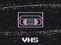 VHS cassettes. Noise text. Television signal. Retro 80s screen. Analog video play and stop. Recorder tape rewind