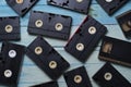 VHS Video cassette tapes on wooden table background, movie and music concept Royalty Free Stock Photo