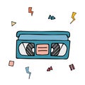 VHS video tape doodle isolated. 90s nostalgia. Vector colored doodle illustration of videocassette from 1990s. Trendy vintage