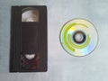 VHS video tape with dvd cd. Compact Disc. Top view, space for text.