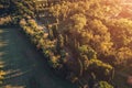 Via Appia Antica ancient stone road in Rome among green meadows and trees, Italy. Aerial view of European nature Royalty Free Stock Photo