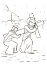 Via Crucis drawing depicting when Simon of Cyrene helps Jesus carry the cross, Vector illustration Royalty Free Stock Photo