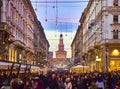 Via Dante street at nightfall. Milan, Lombardy, Italy