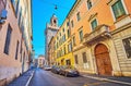 Via della Pace with a view on Pallata Tower, on April 10 in Brescia, Italy