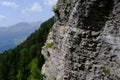 Via ferrata on the rock, iron path for climbers on the mountain range in france, route in the Graian Alps, climbing the Mont Blanc