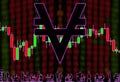Viacoin VIA cryptocurrency. Background of blurry numbers and candlestick chart. Silhouettes of office workers Royalty Free Stock Photo