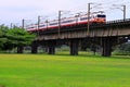 Viaduct and bright train on green grass Royalty Free Stock Photo