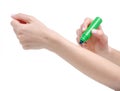 Vial marker brilliant green in hand