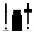 Dropper vial bottle with a pipette, eyedropper and drops. Vector clipart. Illustration on white blank background. Silhouette.