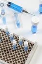 Vials of blue fluid and syringe on a laboratory worktop