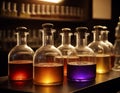 Vials and bottles with colorful magic potion in laboratory. Royalty Free Stock Photo