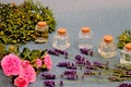 Vials with essential oils surrounded by rose and lavender flowers, juniper branches Royalty Free Stock Photo