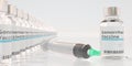 Vials with gonorrhea vaccine and syringe. 3D rendering